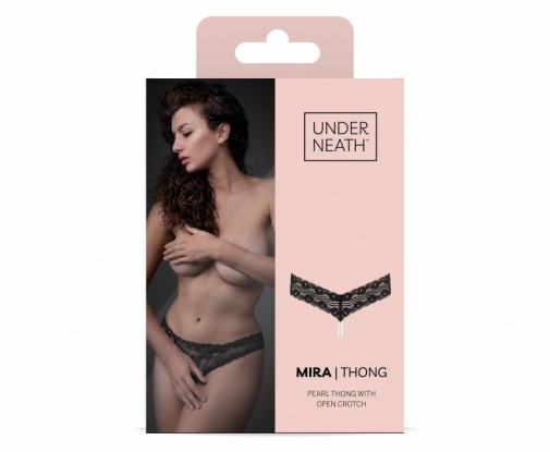 Underneath - Mira Crotchless G-String w Pearl - Black - S/M photo